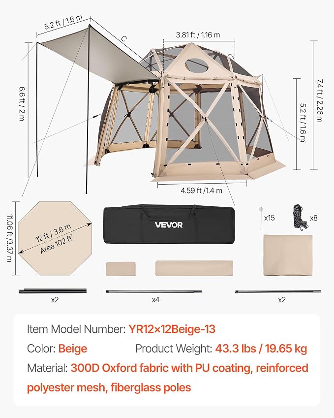 VEVOR Pop up Gazebo Screen Tent, 12 x 12 ft, 13-Sided Spherical Camping Canopy - Image 7