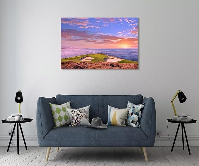 Pebble Beach Golf Course Hole 7 Wall Art Prints - Monterey California USA Golf Course Canvas Wall Art for Living Room Bedroom Bathroom Home Decorations Gifts Framed Ready to Hang(18''H x 24''W)