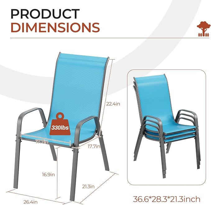 TLSUNNY Patio Chair, Outdoor Stackable Textilene Chairs Set of 4, Sky Blue | - Image 2