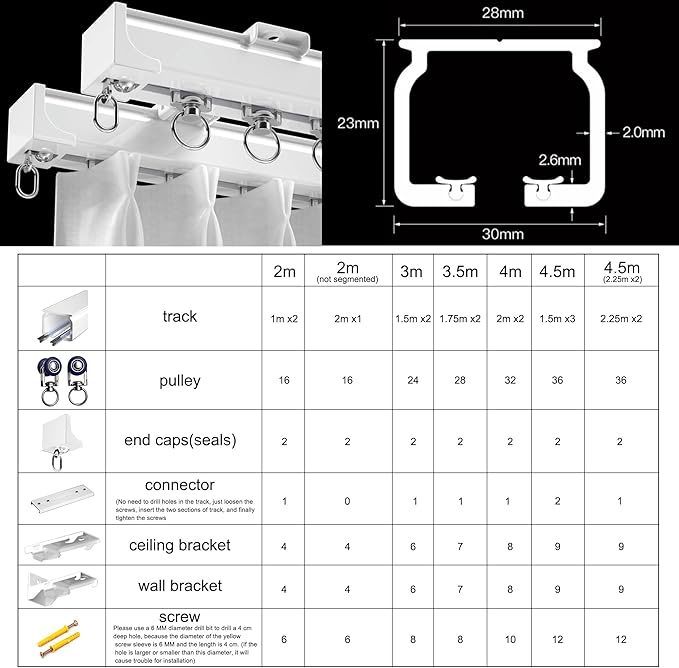 Aluminum Alloy Silent Curtain Tracks Ceiling Or Wall Mounted Curtain Rail Drapes Rail Room Dividers Sliding Curtain Rail (white, 4m)