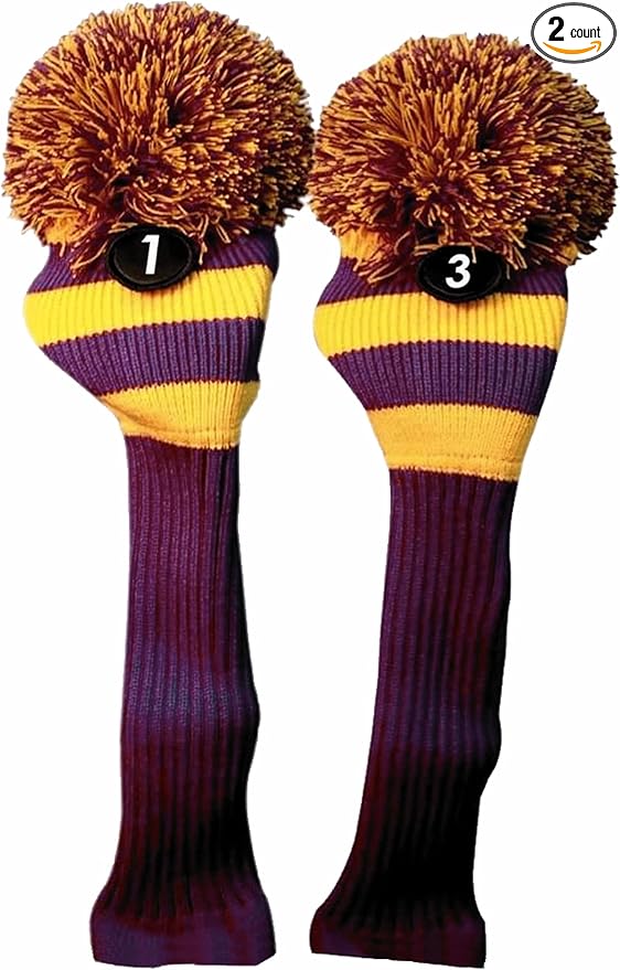 Majek Golf Club 1 3 Yellow and Purple Limited Edition Driver and Fairway Wood Head Covers Fits 460cc Drivers Tour Knit Retro Vintage Pom Classic Long Neck Metal Longneck Woods Headcovers