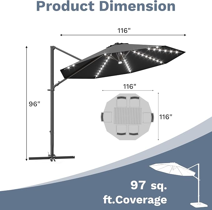 Devoko 10ft Solar LED Patio Umbrella, Round Cantilever Outdoor Umbrella - Image 3