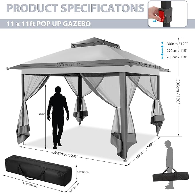 COBIZI Pop Up Gazebo 11x11 Canopy Tent, Outdoor Screened Gazebo Shelter - Image 4