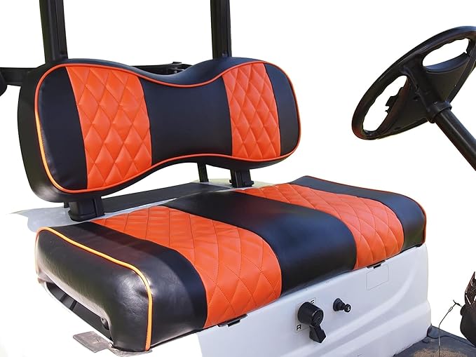 Huskey 4PCS Golf Cart Front/Rear Seat Covers for EZGO RXV 2008-UP G&E Models Custom Two-Tone Black/Orange Diamond Stitching with Orange Piping, Marine Grade Vinyl Material, Staple on Design