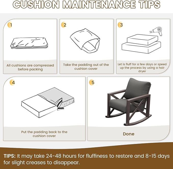 UDPATIO Rocking Chair Outdoor Oversized Metal Bistro Set 6.5" Cushion Grey | 3 - Image 9