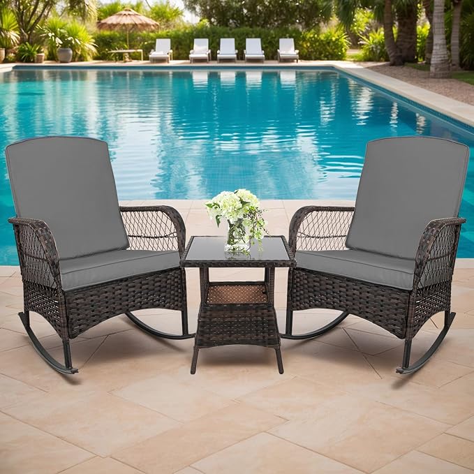 3 pcs Rocking Bistro Set Conversation Chairs PE Wicker Outdoor Rocking Chairs & - Image 2