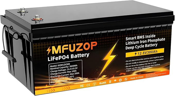12V 300Ah LiFePO4 Battery Integrated 200A BMS 8000+ Cycling Deep Cycle Li-Ion Battery MAX 3840W Power Supports series/parallel connection, great for solar, RV, boat and off-grid use.