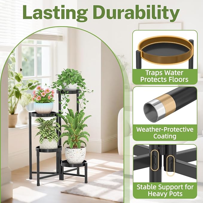 iDavosic.ly Plant Stand Indoor Outdoor, 4 Tier Metal Corner Shelf, Folding - Image 5