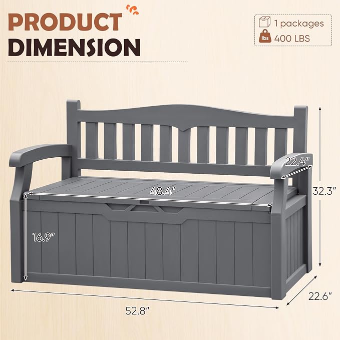 JUMMICO 80 Gallon Resin Outdoor Storage Bench Waterproof, Deck Box | Large Deck - Image 3