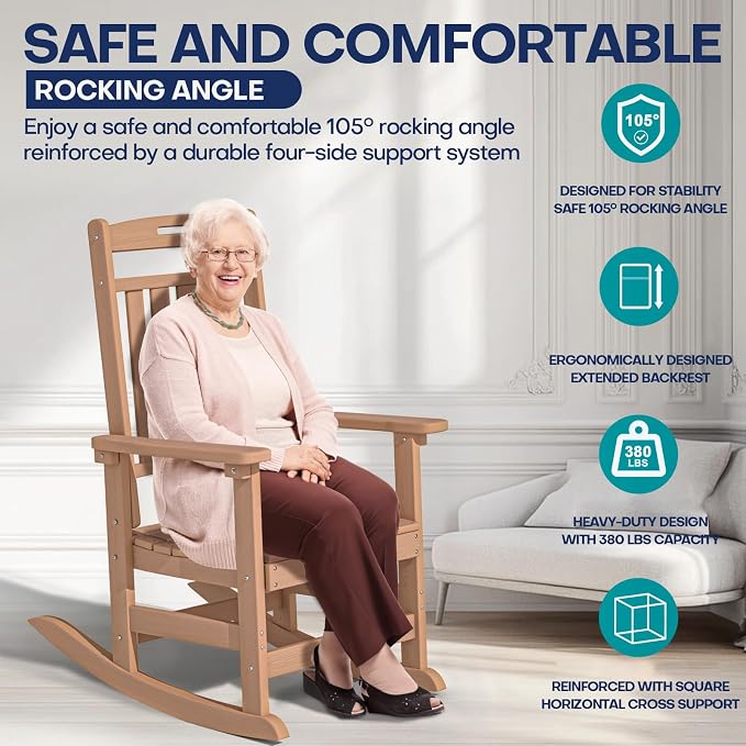 Oversized HDPE Outdoor Rocking Chair, All-Weather Resistant, Teak | Heavy Duty - Image 7