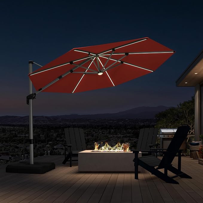 PURPLE LEAF Cantilever Patio Umbrella 11ft Round Solar LED Light, Brick Red | by PURPLELEAF