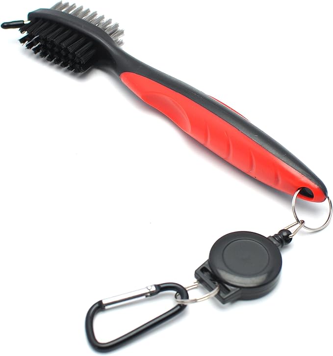 Mile High Life Microfiber Waffle Pattern Golf Towel | Club Groove Cleaner Brush | Foldable Divot Tool with Magnetic Ball Marker (Red Towel/Brush/Bone Divot)
