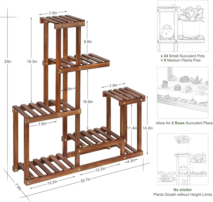 Wood Plant Stand Indoor Outdoor Multi Tiered Plant Shelf Holder | Corner High - Image 2