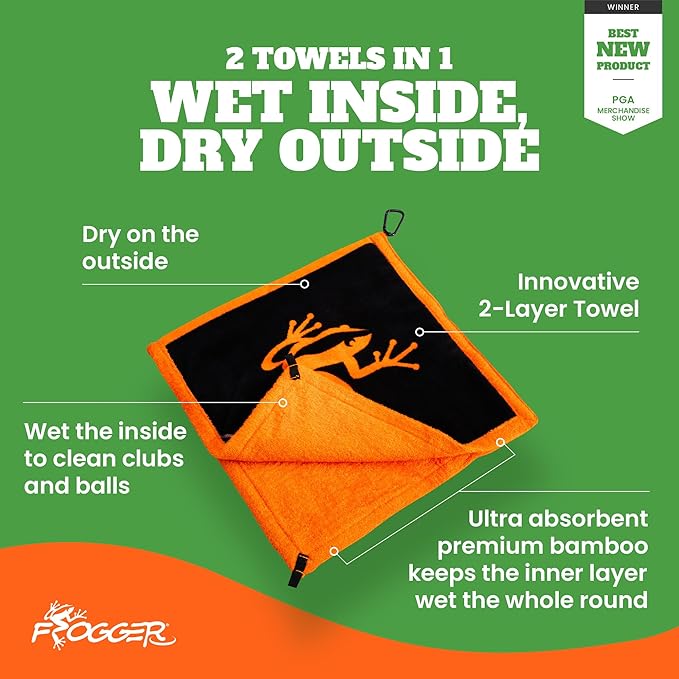 Frogger Amphibian 2-in-1 Golf Towel with Wet and Dry Technology, Black/Grey, Premium Golf Bag Accessory with Carabiner Clip, Ultra Absorbent, for Golf Dads