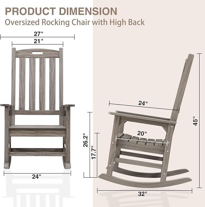 Outdoor Rocking Chair Set of 2, Oversized Porch Rocker | Weather Resistant - Image 3