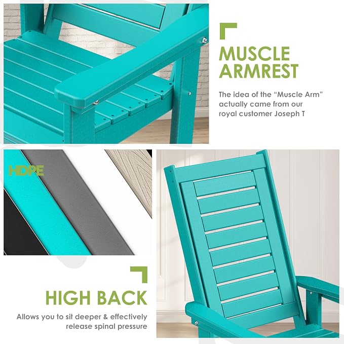 GREENVINES Oversized Outdoor Rocking Chair, HDPE Rocker, Aqua | 21.7" Wide Seat - Image 8