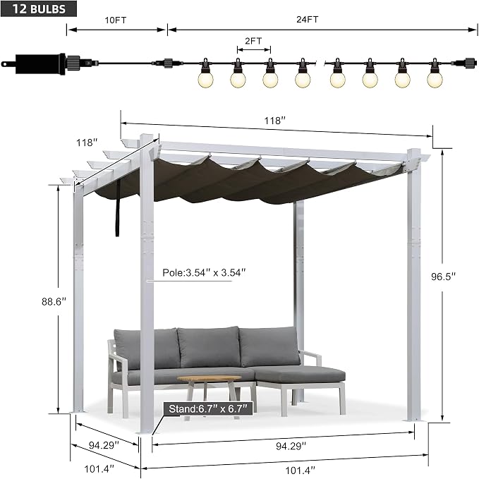 PURPLE LEAF White Pergola 10' x 10' Metal Frame Retractable Canopy, Higher - Image 7