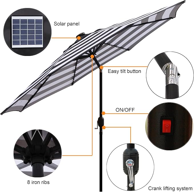 9 ft Solar Umbrella 32 LED Lighted Patio Umbrella Table Market Umbrella - Image 2
