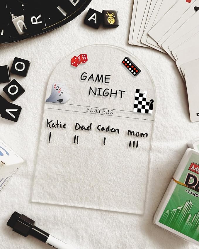 Personalized Family Game Night Scoreboard – Custom Dry Erase Score Tracker Board with Marker, Reusable Acrylic Game Scoreboard (11X16)