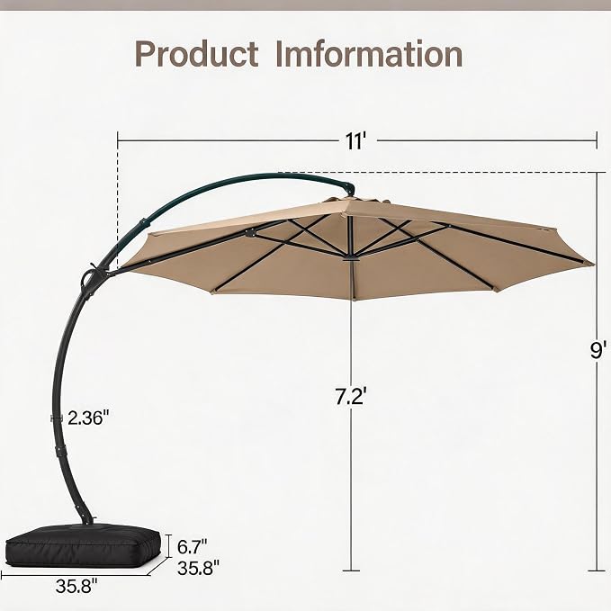 Outdoor Patio Umbrella with Base included, 11 FT Deluxe Curvy Cantilever - Image 5
