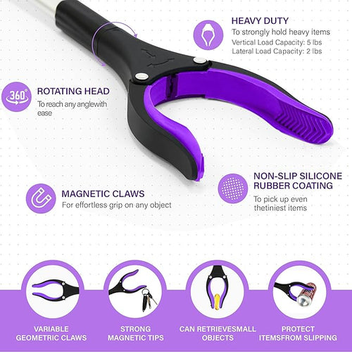 2 Pack 32 inch FDA Registered GrabRunner Heavy Duty(up to 10 lbs) Reacher Grabber Tool with Strong Magnetic (New Purple)
