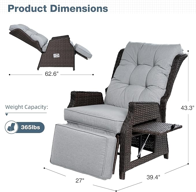 Outdoor Recliner with Adjustable Back and Footrest, Light Grey | Wicker - Image 2
