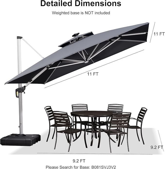 PURPLE LEAF Cantilever Umbrella 11'X11' Double Top Solar LED Light, Stays bright - Image 3