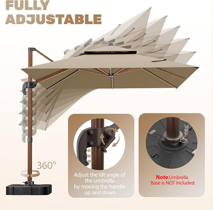 10x13FT Cantilever Outdoor Patio Umbrellas, Double Top Wood Pattern Rectangle - Image 6