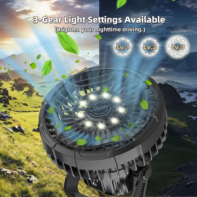 Roykaw Golf Cart Portable Rechargeable Fan Compatible with EZGO Club Car Yamaha, 10400mAh Battery Operated, 3-Gear Speed/LED Lantern, Cordless Fan with Remote/Handle/Hang Hook, USB & Type C Port