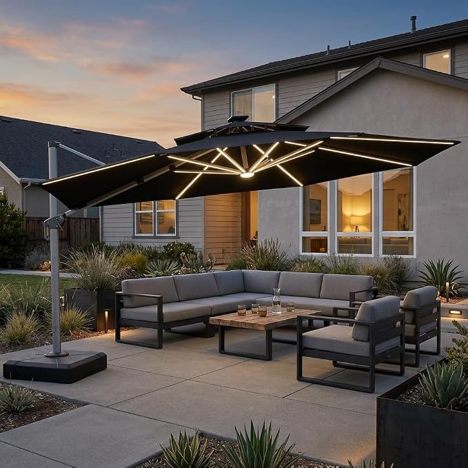 PURPLE LEAF Cantilever Umbrella 13ft Solar LED Light Double Top, Stays bright by PURPLELEAF