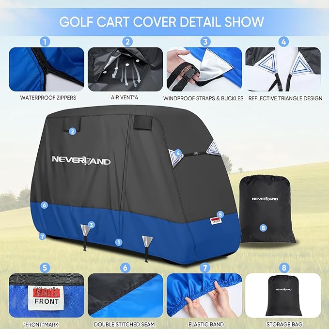 NEVERLAND Golf Cart Cover 2 Passenger, Heavy Duty 600D Golf Cart Covers, Waterproof Club Car Golf Cart Cover with Side Zipper Doors Compatible with EZGO Yamaha Club Car 2 Seat (Up to 95 Inch)