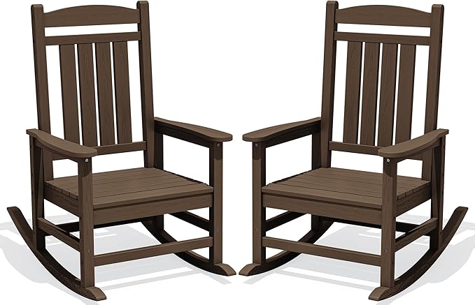 Oversized Outdoor Rocking Chair Set of 2, HDPE Porch Rocker, Coffee | by KINGYES