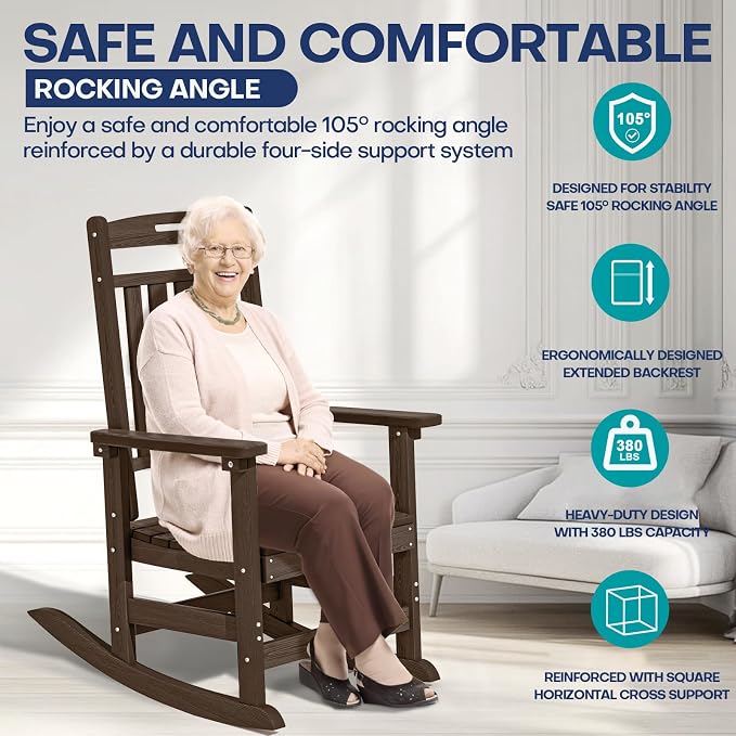 Oversized HDPE Outdoor Rocking Chair Set of 2, All-Weather, Coffee | Heavy Duty - Image 5