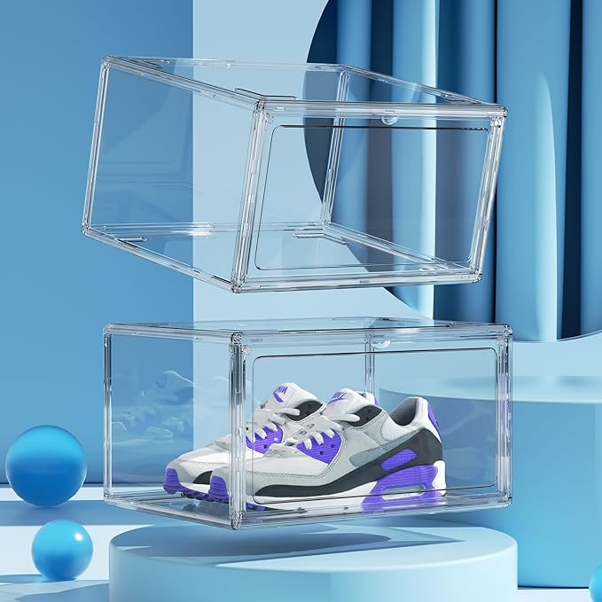 HIYOHIYO 2-Pack Acrylic Clear Stackable Shoe Boxes - 360 Clear Acrylic Display Shoes Boxes - Fully Transparent Display Box with Magnetic Door - Size 14