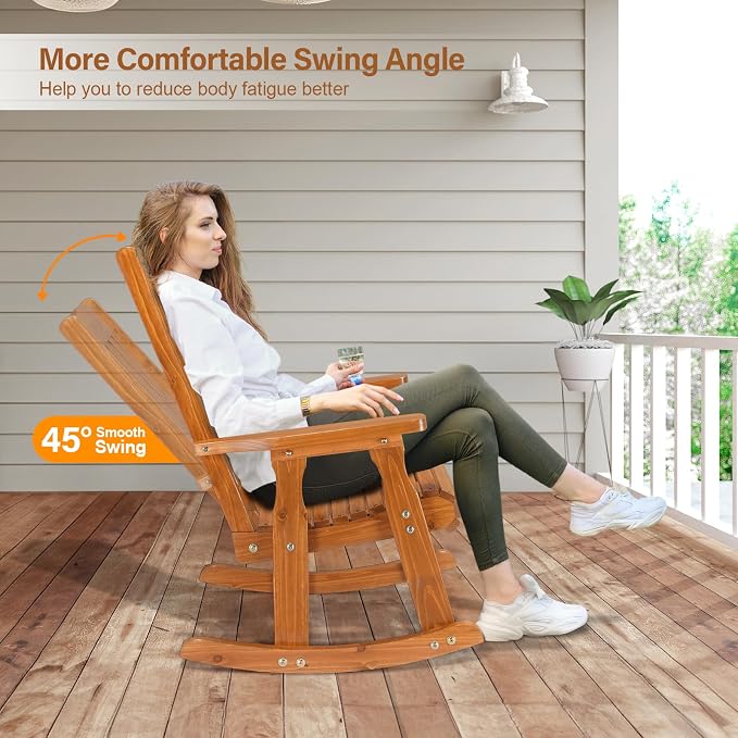 VINGLI Outdoor Rocking Chair, Heavy Duty 600 LBS Wooden Rocker, Teak | High & - Image 5