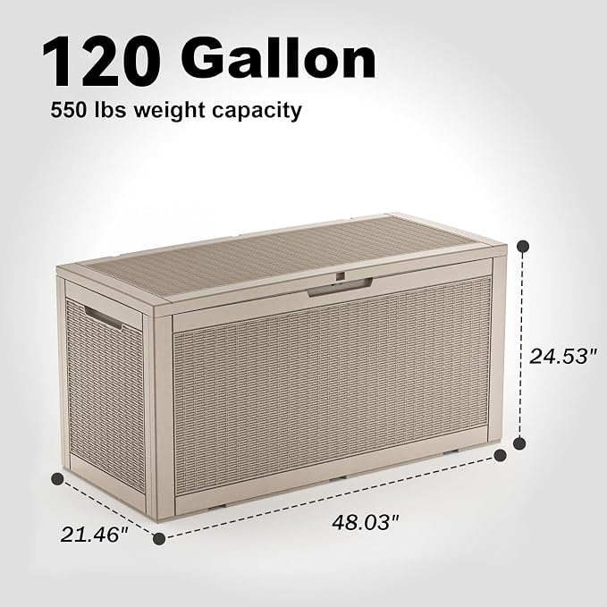 PatioZen 120 Gallon Resin Deck Box, Lockable Patio Outdoor Storage Box - Image 5