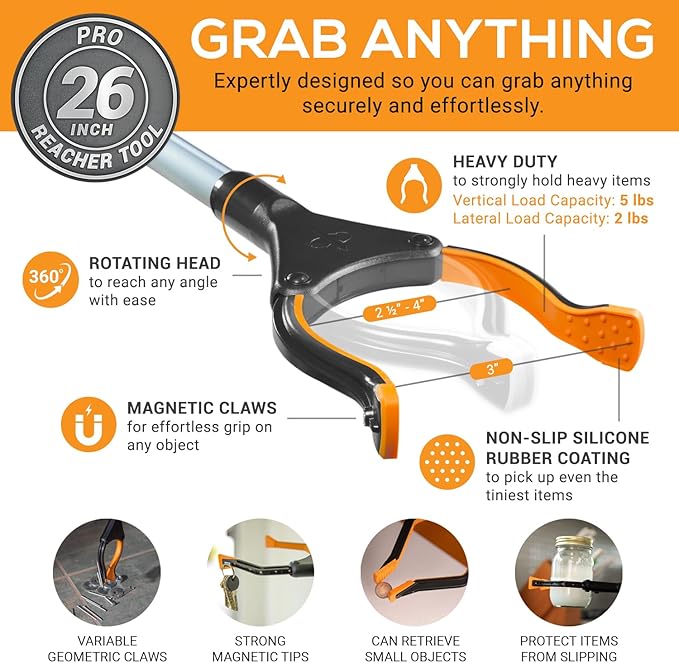 EZPIK® Grip Aid Tool Grabber Reacher + Magnets - Grabbers for Seniors, Trash Picker Upper Grabber - Trash Grabber Tool- Reacher Grabber Pickup Tool (Silver, 26" (Pack of 1))