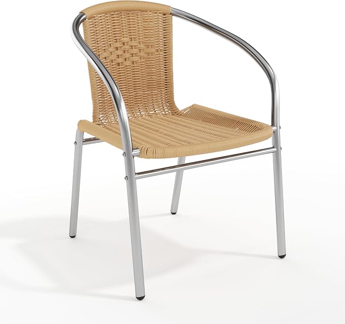 EMMA + OLIVER Aluminum and Beige Rattan Indoor-Outdoor Stack Chair | Outdoor - Image 3