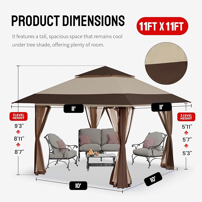CROWN SHADES 11x11 Pop Up Gazebo, Outdoor Canopy Tent, One Push Instant Gazebo - Image 7