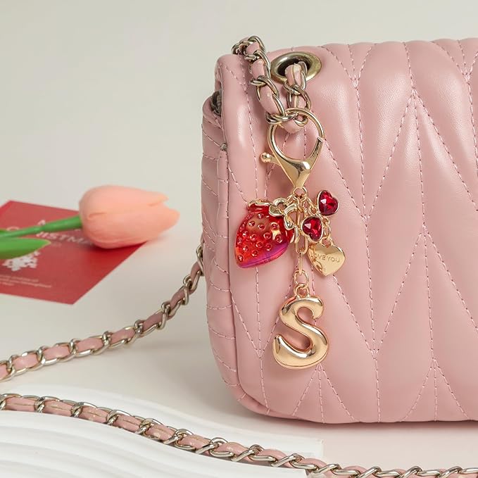 Snycler Bubble Initial Keychain with Strawberry & Bow- Gold Letter Bag Charms for Women, Cute Purse Handbag Accessories