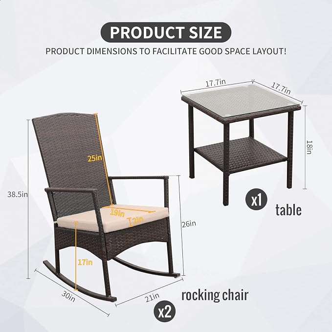 Outdoor HDPE Wicker Rocking Chair 3-Piece Patio Rattan Bistro Set 2 Rocker - Image 4
