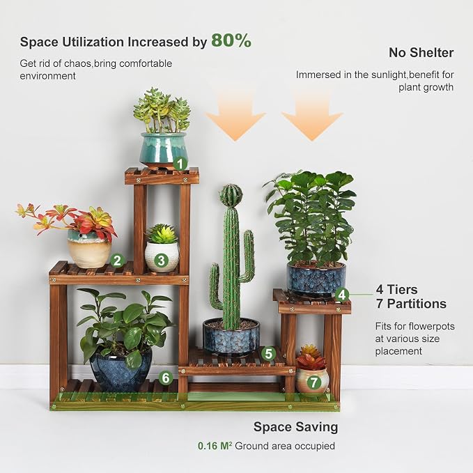Pine Wood Plant Stand Indoor Outdoor Multi Layer Flower Shelf Rack | Higher and - Image 3