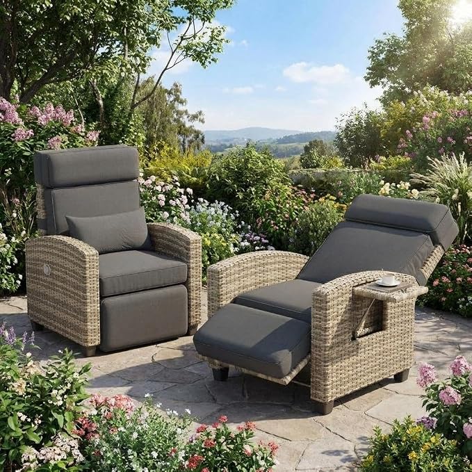 Outdoor Recliner Chair with Flip-Up Side Table & Linked Reclining Mechanism – by Garvee