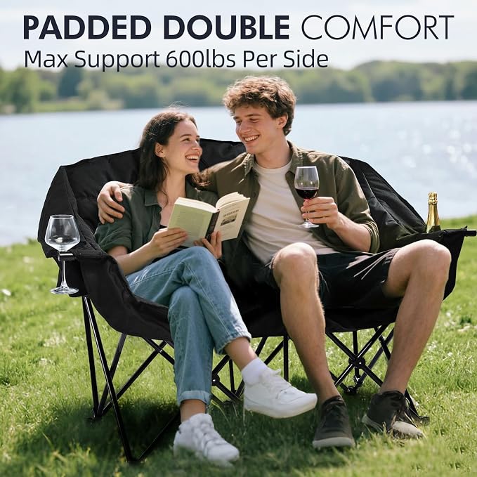 Double Camping Chair Loveseat -2 Person Oversized Padded Outdoor Camp Couch | - Image 2