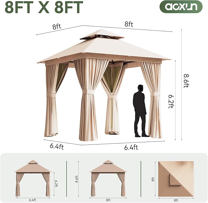 Aoxun 8x8FT Metal Frame Outdoor Gazebo, Khaki | UPF50+ Protection 50×50mm - Image 7