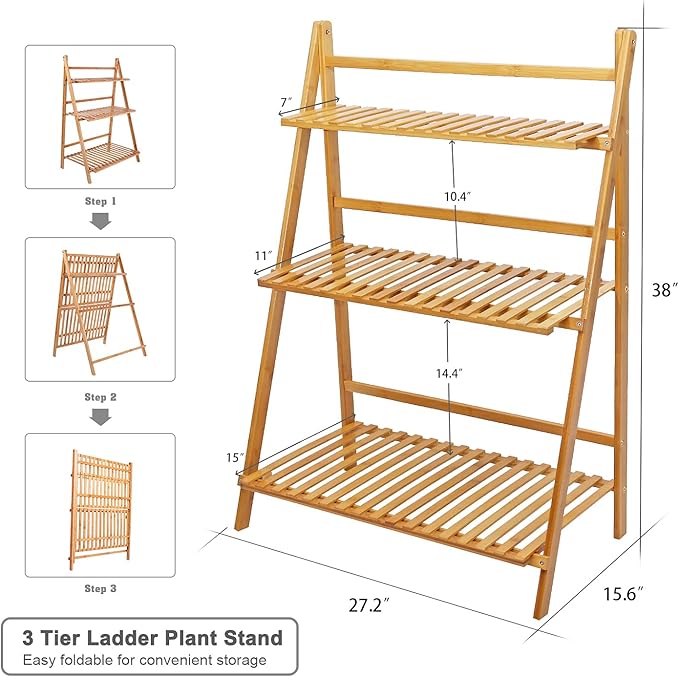 Ufine Bamboo Ladder Plant Stand 3 Tier Foldable Flower Pot Display Shelf | - Image 5