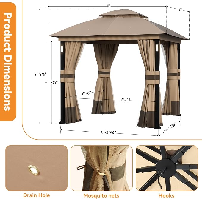 Patio Gazebo 8'x8' with LED Lights & Bluetooth Speaker, Heavy Duty Outdoor - Image 3