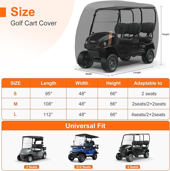 Golf Cart Cover 4 Passenger, 420D Heavy Duty Golf Cart Rain Cover with Waterproof Zipper and Reflective Strips, Universal Fits for 2+2/4 Seat Yamaha EZGO Honda Club Car