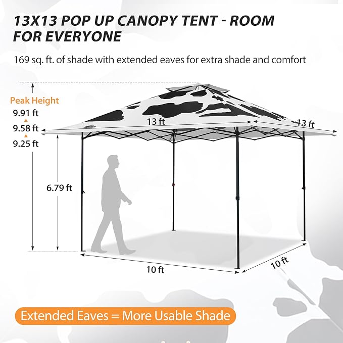 EAGLE PEAK 13x13 Pop Up Canopy Tent, Auto Extended Eaves, Cow Print | Easy Setup - Image 3