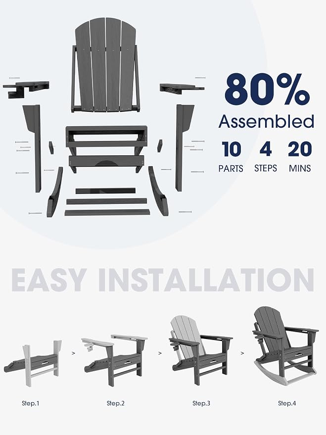 Adirondack Rocking Chair with Ottoman and Cup Holders | HDPE Porch Rocker - Image 5